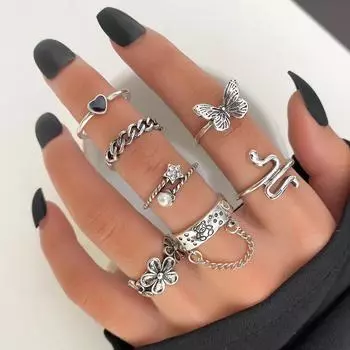 Модное кольцо с цепочкой-бабочкой и змеей из 7 предметов Love Deluxe, модное элегантное винтажное кольцо с ромбом, резное кольцо с милым котом, комплект колец с подвесками золотой