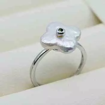 Модное кольцо с цветком, натуральный белый жемчуг в стиле барокко, регулируемое серебряное кольцо, натуральный клевер, кольца с зелеными глазами и цирконием для женщин resizable&SILVER PLATED