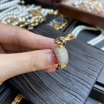 Модное кольцо с изображением животного, золотое открытое кольцо с кроликом, милое кольцо с позолоченным медным цирконием, волосы Douyin