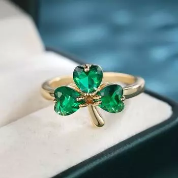 Модное кольцо с зеленым кристаллом и трехлистным клевером для женщин и девочек, золотого цвета, кольца на удачу, ювелирные изделия для свадебной вечеринки, подарок 6 зелёный/золотой