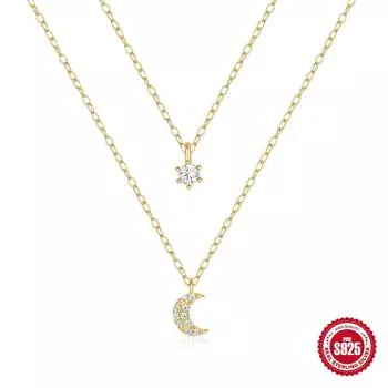 Модное колье в стиле Ins из стерлингового серебра 925 пробы, двухслойное, комбинированное, со звездами и луной, с бриллиантами, для уличной съемки, женское 925 Silver золотой