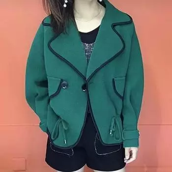 Модное короткое двухстороннее шерстяное пальто для женщин, свободная куртка на осень и зиму с воротником и поясом L зелёный