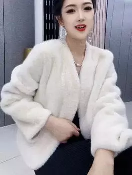 Модное короткое пальто женское осенне-зимнее с верхом из искусственного меха, свободное иностранное плюшевое пальто из искусственной норки, кардиган M (80-57.5 kg)