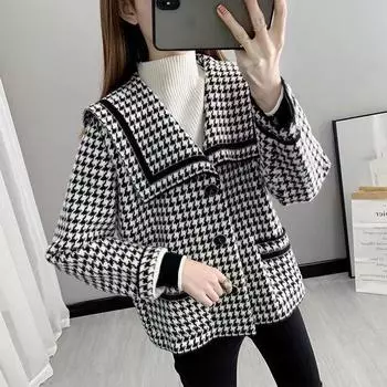 Модное короткое шерстяное пальто для женщин среднего возраста с зубчатым узором на лацканах L чёрный