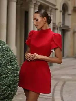 Модное красное мини-платье с бантом для женщин, короткие рукава, платья с накладными плечами 2024 года, летние шикарные элегантные женские вечерние платья S красный