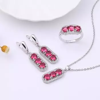 Модное круглое ожерелье, серьги, кольца, комплект из трех предметов, комплект украшений из циркония в форме арахиса, не выцветает. Size 6 ring three-piece set розы красного