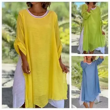 Модное круглое шея с длинными рукавами, асимметричное платье из двух частей для женщин на весну и осень, повседневные платья S жёлтый