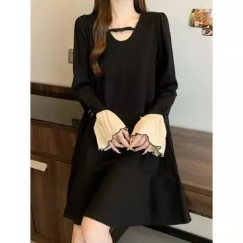 Модное кружевное мини-платье с V-образным вырезом и длинным рукавом, женское осеннее сексуальное элегантное черное офисное однотонное платье для женщин, весна XL чёрный