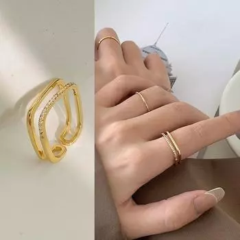 Модное квадратное кольцо с геометрическим узором, новая тенденция, двухслойный дизайн, ювелирные изделия с квадратным цирконом, подарок для девушки Resizable