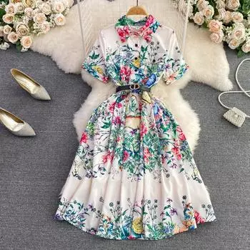 Модное летнее брендовое дизайнерское платье с принтом для подиума, женское длинное вечернее платье миди с отложным воротником и поясом M белый