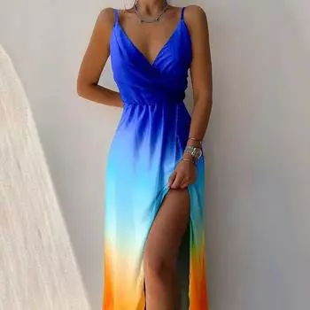 Модное летнее длинное платье с принтом, повседневное женское платье с V-образным вырезом, плиссированное платье-комбинация, сексуальное вечернее платье Y2k, одежда 25680 S оранжевый