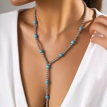 Модное летнее отпускное стильное бирюзовое ожерелье на ключице из бисера, богемные украшения для женщин, винтажное длинное ожерелье с кисточкой