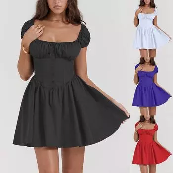 Модное летнее платье для отдыха с квадратным вырезом, темно-синее мини-платье А-силуэта, повседневные праздничные платья с коротким рукавом, элегантная женская одежда S красный