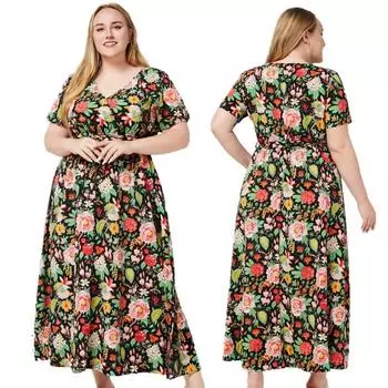 Модное летнее платье для женщин больших размеров с V-образным вырезом и цветочным принтом XL чёрный