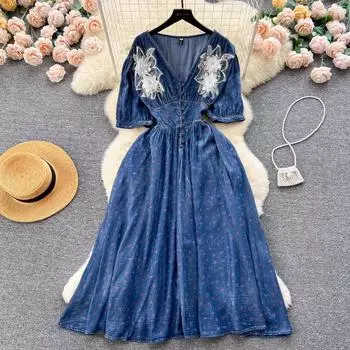 Модное летнее платье с цветочным принтом, мягкое тонкое джинсовое платье миди, винтажное женское ковбойское офисное платье с v-образным вырезом и вышивкой, с высокой талией M синий
