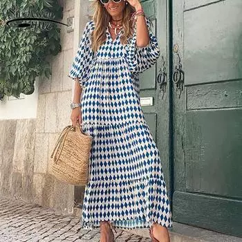 Модное летнее платье с геометрическим принтом и половиной рукавов, праздничное длинное платье с пышными рукавами, женское свободное пляжное платье большого размера, халат 20950 S синий