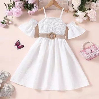 Модное летнее платье с открытыми плечами и поясом для девочек - сплошной цвет 5-6Y белый