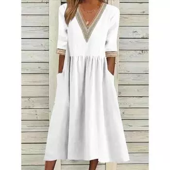 Модное летнее платье с V-образным вырезом, коротким рукавом, большого размера для женщин, элегантное, свободного кроя, офисное, повседневное, А-силуэта, для вечеринок, кружевное, однотонное, женское, плиссированное, с ажурными вставками S белый