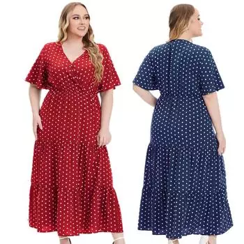 Модное летнее платье: Женская одежда больших размеров с V-образным вырезом и короткими рукавами в горошек XL красный