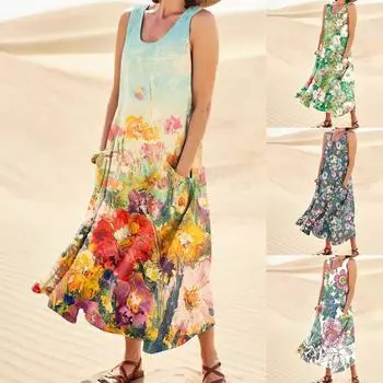 Модное летнее повседневное удобное хлопковое платье без рукавов с цветочным принтом и карманным пляжным платьем для женщин L