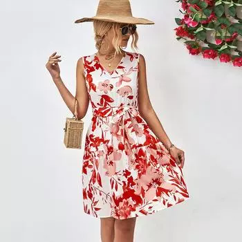 Модное летнее повседневное женское цельное платье без рукавов с цветочным принтом S синий