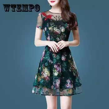 Модное летнее вышитое платье миди с вышивкой и кружевным платьем с коротким рукавом вечернее платье S белый