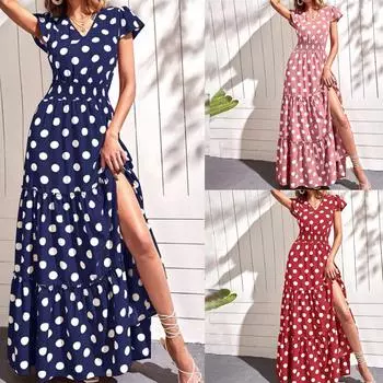 Модное летнее женское платье с v-образным вырезом и коротким рукавом в горошек с эластичной резинкой на талии и разрезом длинное платье L синий