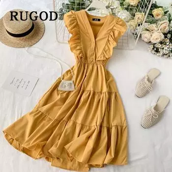 Модное летнее женское платье с V-образным вырезом и высокой талией, оборками, без рукавов, однотонные платья Fairy Verano Vestidos Uniform code розовый