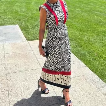 Модное лоскутное печатное макси-платье для женщин с круглым вырезом без рукавов с разрезом на молнии женское облегающее платье летнее женское платье-халат S