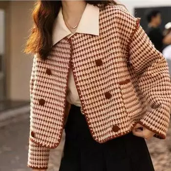 Модное маленькое ароматное шерстяное полупальто для женщин на осень и зиму, новое маленькое утолщенное шерстяное пальто в ломаную клетку для женщин S