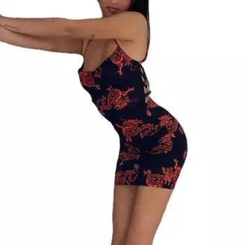 МОДНОЕ мини-платье с повязкой на спине, обтягивающее талию, популярное женское облегающее мини-платье с принтом дракона для вечеринки S чёрный