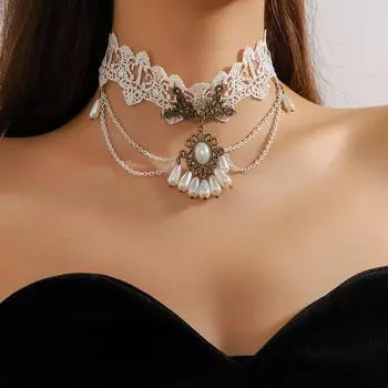 Модное многослойное белое кружевное колье-чокер для женщин, модное ожерелье на ключицу с жемчужной подвеской
