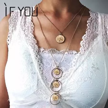 Модное многослойное ожерелье с монетами в виде головы, сексуальное массивное двухэтажное ожерелье в стиле бохо, женские ювелирные изделия золотой