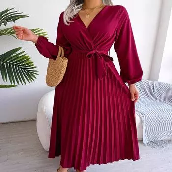 Модное мягкое удобное весенне-осеннее женское элегантное плиссированное платье макси с v-образным вырезом и длинными рукавами, красное, синее, повседневное, зеленый, черный, однотонный цвет XS чёрный