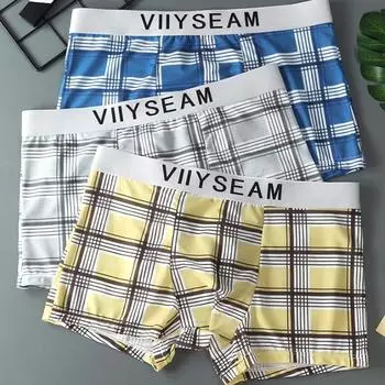 Модное мужское нижнее белье из искусственного шелка, дышащие трусики, тонкая часть тренда печати, четырехугольные брюки, боксеры в клетку M синий