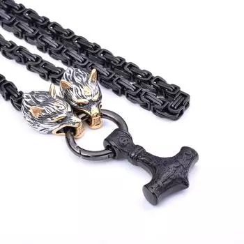 Модное мужское ожерелье из нержавеющей стали с подвеской в виде головы волка викингов с громовым молотом, черная императорская цепь 40