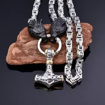 Модное мужское ожерелье из нержавеющей стали с подвеской в виде волка викинга и громового молота, ожерелье императора, ожерелье 40