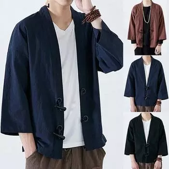 Модное мужское японское юката, повседневное пальто, кимоно, верхняя одежда, хлопковый винтажный свободный топ XXL чёрный