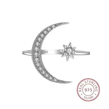 Модное нерегулярное кольцо для пары с луной, звездой, цветком и бриллиантами для женщин, стерлинговое серебро S925, рождественский подарок, ювелирные кольца для женщин Resizable белый