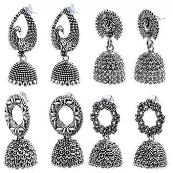 Модное новейшее традиционное окисленное серебро и антикварное золотое металлическое основание болтается и падает (КОМБО из 4) Серьги Джумки для женщин и девочек