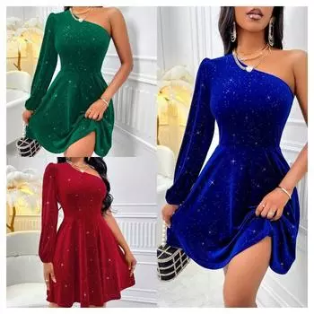 Модное новое элегантное сексуальное платье с косым воротником, женское, с длинным рукавом, с открытыми плечами, повседневное платье для вечеринок, женское, однотонное, винтажное, с высокой талией, женское платье 25844 S синий