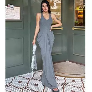 Модное новое летнее облегающее элегантное сексуальное вечернее платье для женщин без рукавов с высокой талией, плиссированное повседневное длинное платье для женщин, однотонное свободное платье с открытой спиной 26077 S чёрный