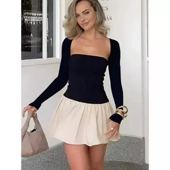 Модное новое облегающее элегантное сексуальное платье с длинным рукавом и квадратным воротником, винтажное платье для вечеринок и клуба, женское однотонное милое короткое платье А-силуэта 25887 XS чёрный