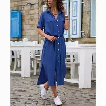 Модное новое однотонное повседневное платье-рубашка с длинным рукавом, женские офисные элегантные платья с разрезом и поясом, однобортное платье больших размеров 24186 S чёрный