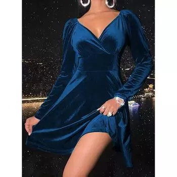 Модное новое повседневное платье А-силуэта с длинным рукавом, элегантное винтажное облегающее платье с V-образным вырезом, сексуальное женское платье с высокой талией, свободное вечернее платье 25938 XS чёрный