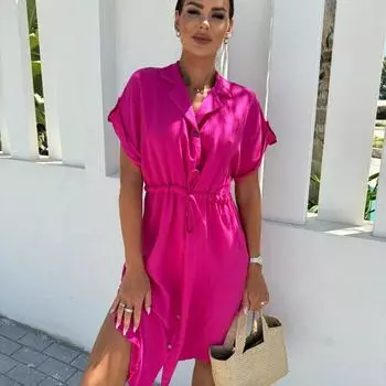 Модное новое повседневное свободное платье-рубашка со шнуровкой на талии, женское летнее платье с коротким рукавом, сексуальное элегантное однобортное простое женское платье 26090 S чёрный