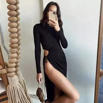 Модное новое сексуальное длинное платье с разрезом и вырезом, женское облегающее платье с длинным рукавом и завязками, летнее модное вечернее платье с круглым вырезом 26178 S белый