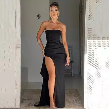 Модное новое сексуальное вечернее платье без бретелек с открытой спиной, женское облегающее вечернее платье без рукавов, повседневное элегантное длинное платье с разрезом и высокой талией 25747 S чёрный