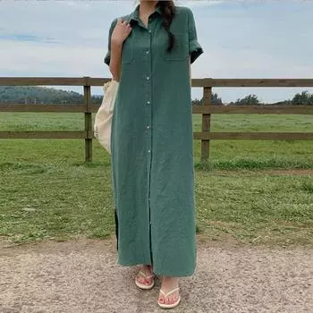 Модное новое свободное женское платье-рубашка, повседневное однобортное летнее платье с коротким рукавом, женское однотонное офисное элегантное длинное платье 1308 M светло-зеленый