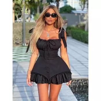 Модное облегающее черное женское платье 2025 года, летнее мини-платье без рукавов на бретелях, элегантные плиссированные вечерние платья с высокой талией для женщин S чёрный